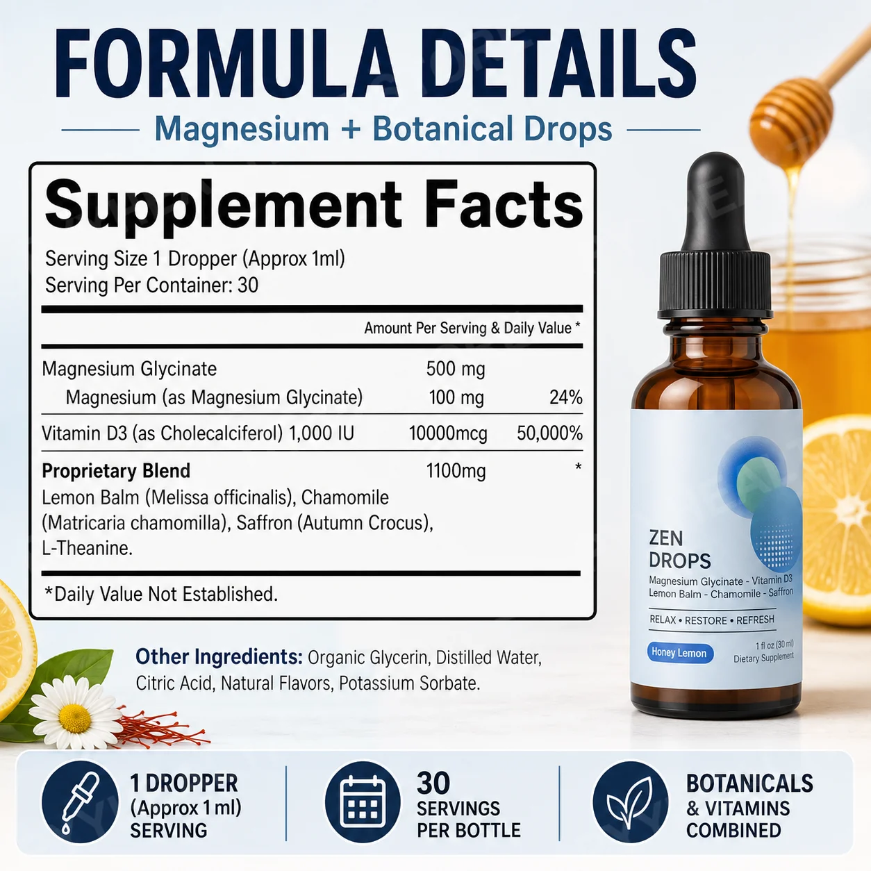 Magnesium Glycinate Liquid Drops with Vitamin D3 L-Theanine Lemon Balm Calm Routine Vegan Non-GMO Adults Supplement 30 Servings