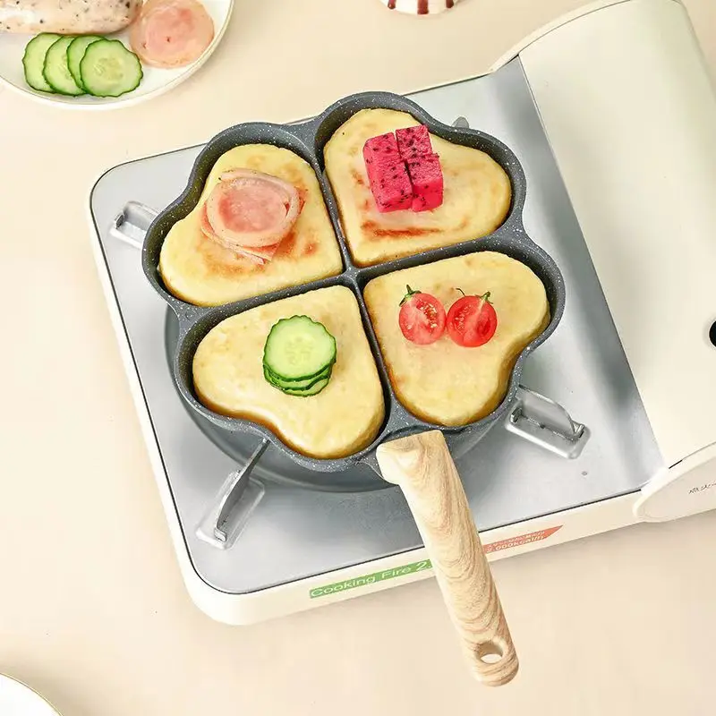 Modern Maifan Stone Heart-Shaped Four-Hole Egg Frying Pan Non-Stick Breakfast Mini Dumpling Burger Pan Sauteing Metal 20cm
