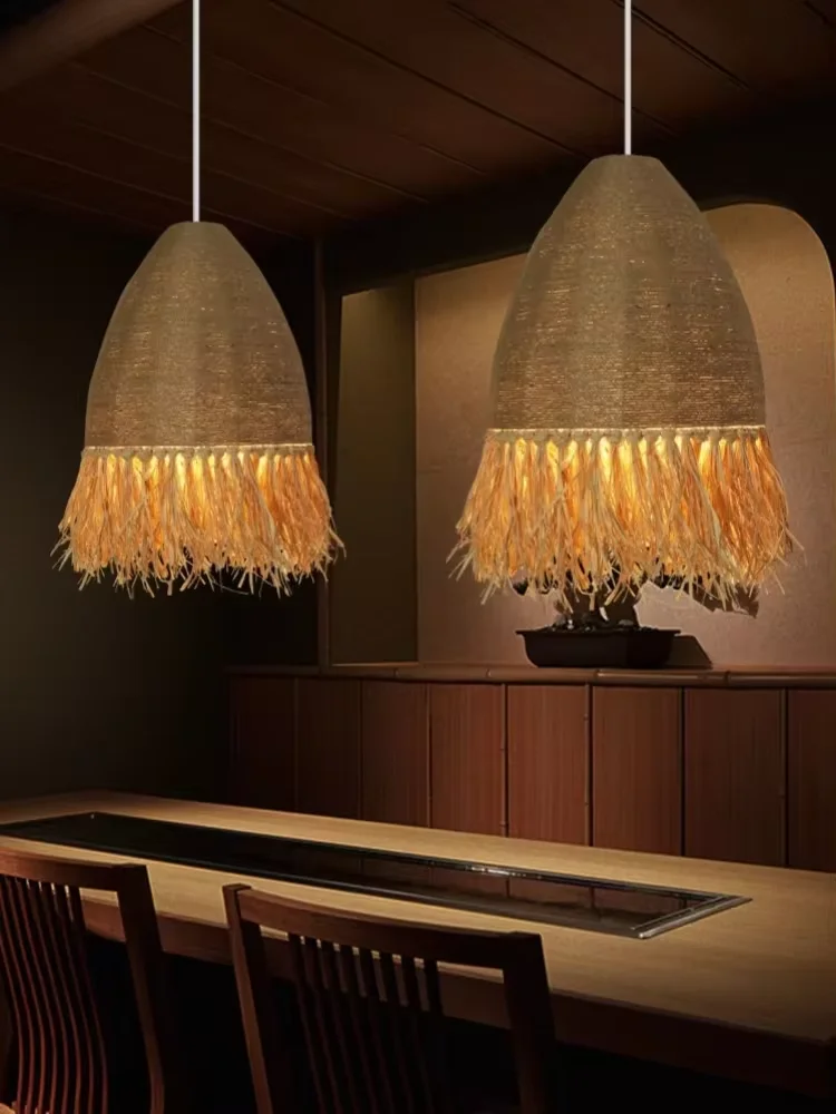 Retro Woven Rattan Pendant Light Wabi Sabi Restaurant Bar Cafe Dining Room Decor led Chandelier Bedside Hanging Lamp Fixture