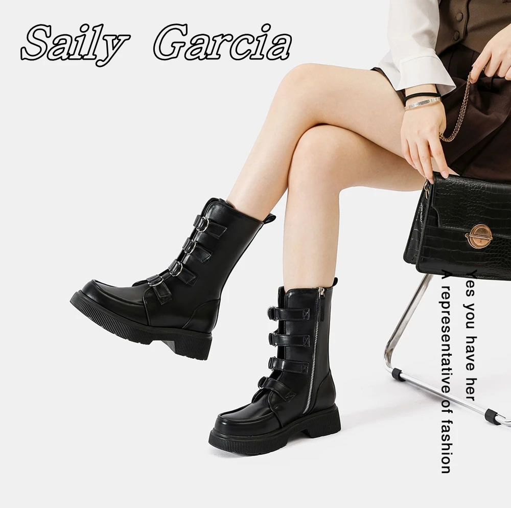 Black Punk Style Belt Buckle Platform Knee High Boots Round Toe Micorfiber Leather Women Boots Side Zipper Wild Motorcycle Boots