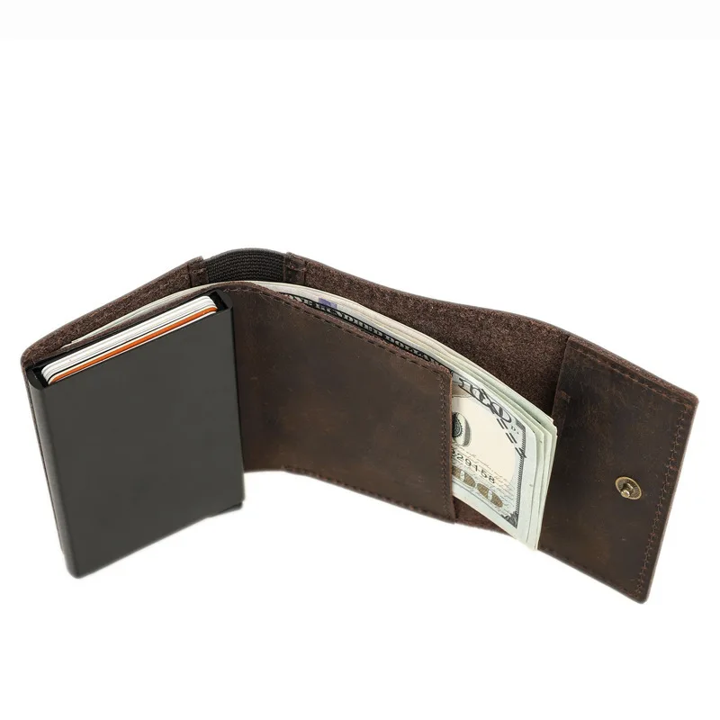 New Fashionable Crazy Horse Cowhide Anti Theft Swipe Bags Cover Small Portable Automatic Card Coin Purse Male Wallets Card Bags