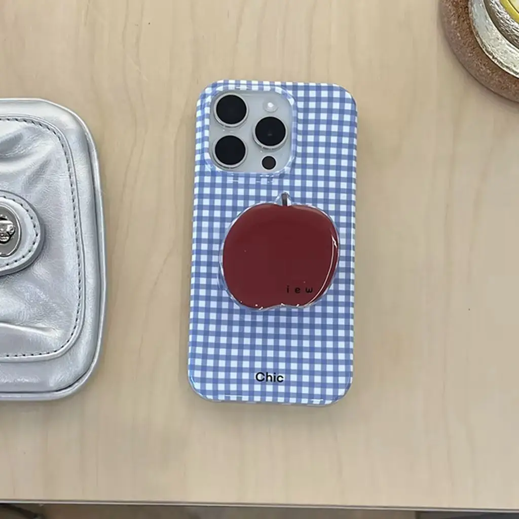 Ins Simplicity Blue Plaid Red Fruit With Holder Cover Case For iPhone 15 14 13 12 11 Pro Max Shockproof Protective Phone Case