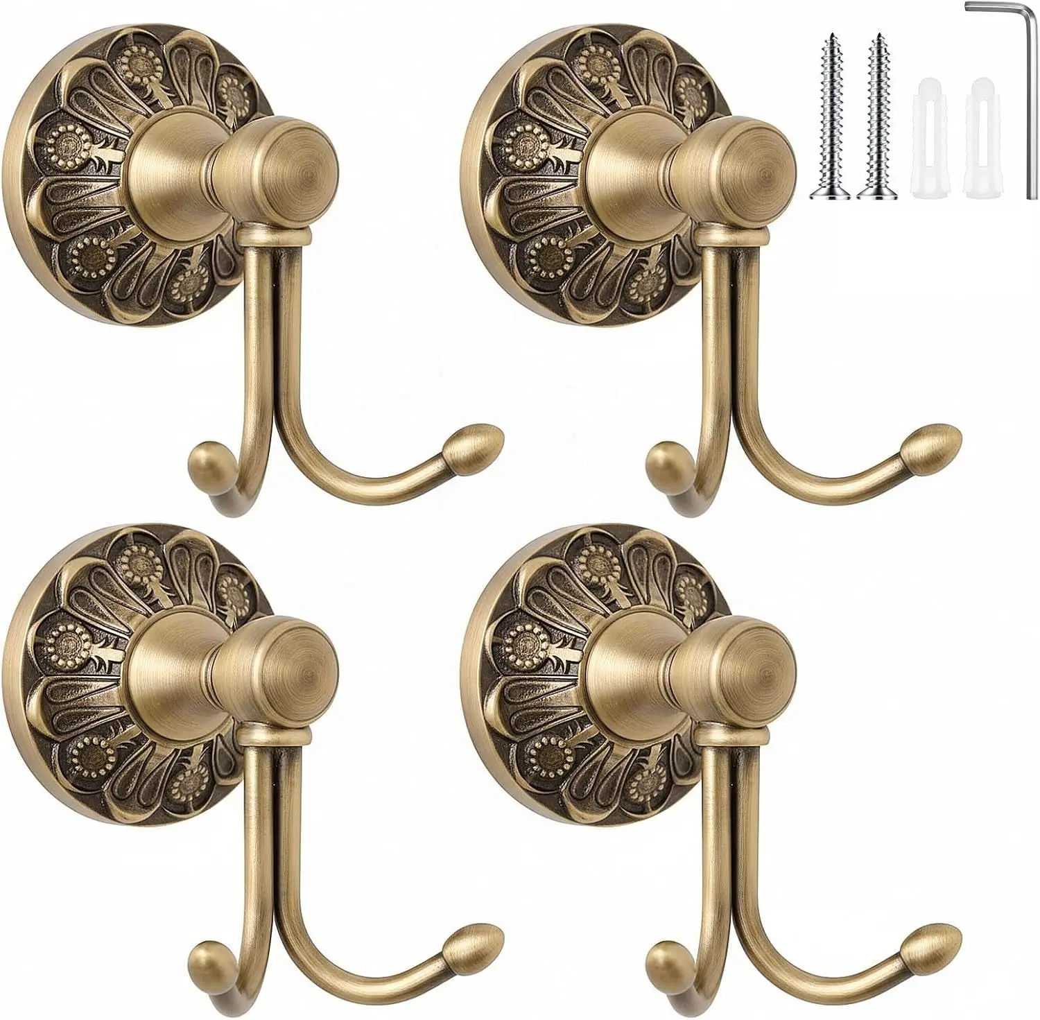 4 Pack Antique Towel Hooks Wall Mounted, Brass, Double