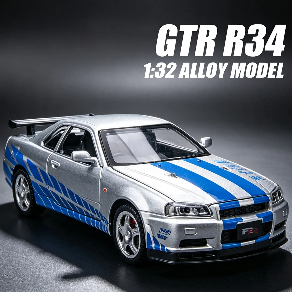 1:32 GTR R34 Alloy Diecast Toys Car Model Doors Opened Sound Light Pull Back Metal Body Miniature Vehice Fashion Decoration Gift