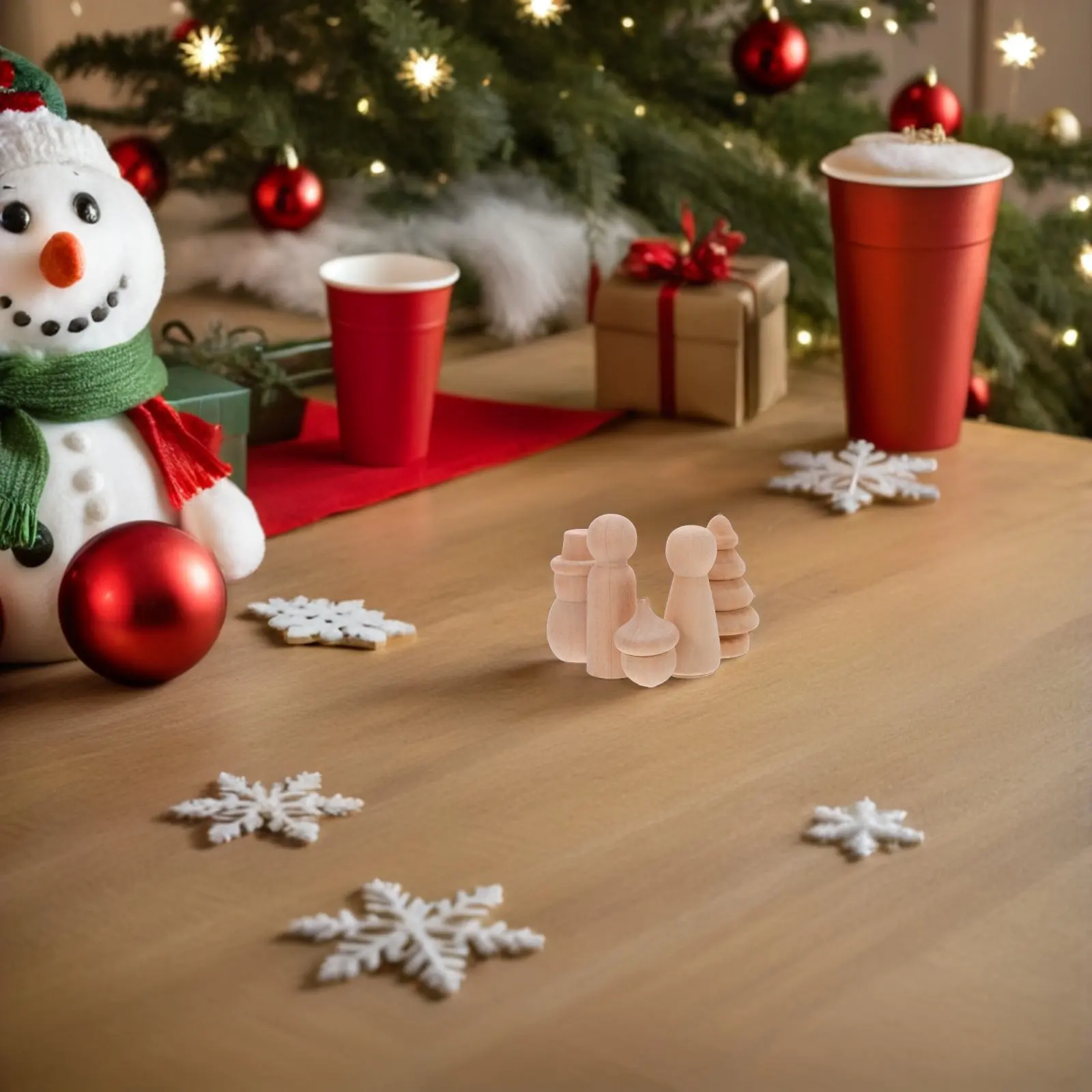 30Pcs Snowman Pegs Unfinished Wooden Figures Natural Wood Craft Shapes Pine Cone Christmas Tree Holiday DIY Decorations