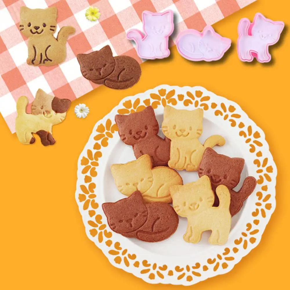 

3Pcs/Set Cat Cookie Biscuit Plunger Cutter Fondant Cake Mold Baking Kitchen