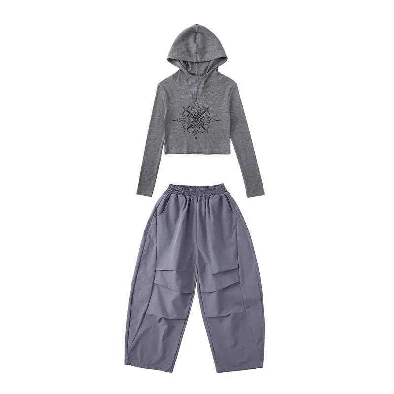 Kid Kpop Abbigliamento Hip Hop Nero Grigio Crop Felpa con cappuccio T Shirt Casual Pantaloni larghi da paracadute per ragazza Ragazzo Costumi di danza di strada Vestiti