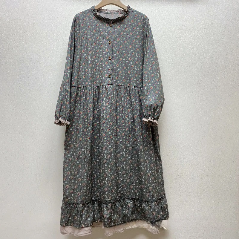 Autumn Summer Dress Sweet Little Fresh Round Collar Double-layer Loose Floral Long-sleeved Dress Women Clothing