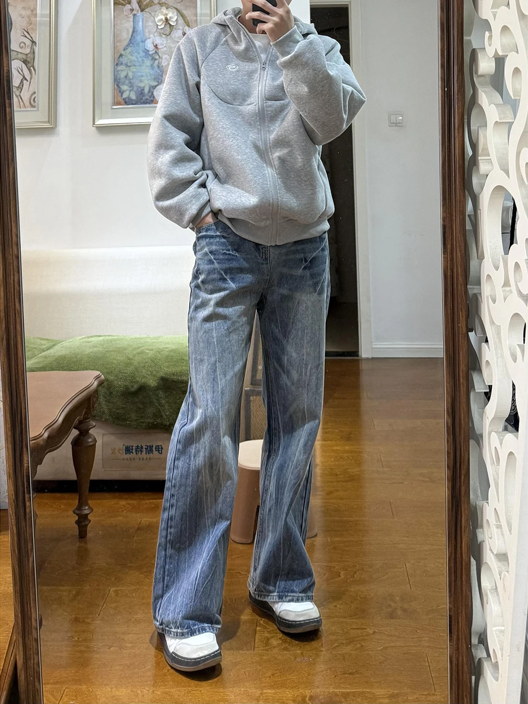 

High Waist Cuffed Bell Bottom Denim Jeans Men's Spring Autumn American High Street Vibe Water Wash Gradient Lightning Pattern