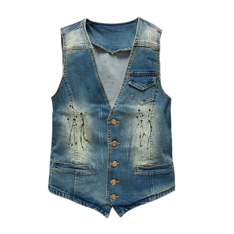 

Splash Ink Men V-Neck Denim Vest Single Breasted 2023 Spring Summer Garment Washed Retro Waistcoat Casual Menswear