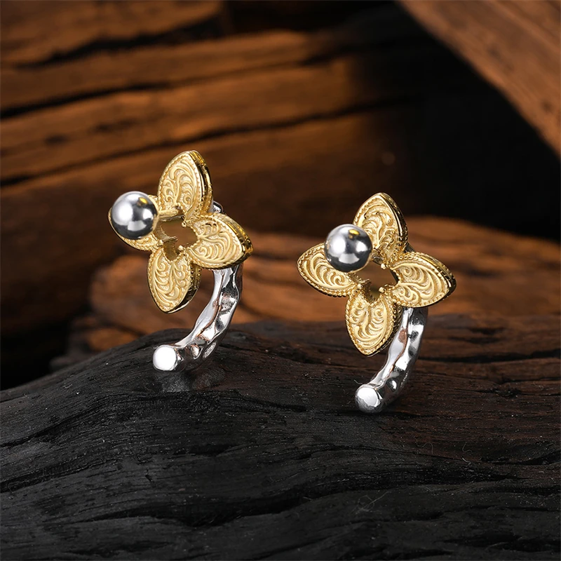 

925 Sterling Silver Unique Design Stud Earrings Tangcao Textured Gold Flower Earrings for Women Screw Beads Piercing Jewelry