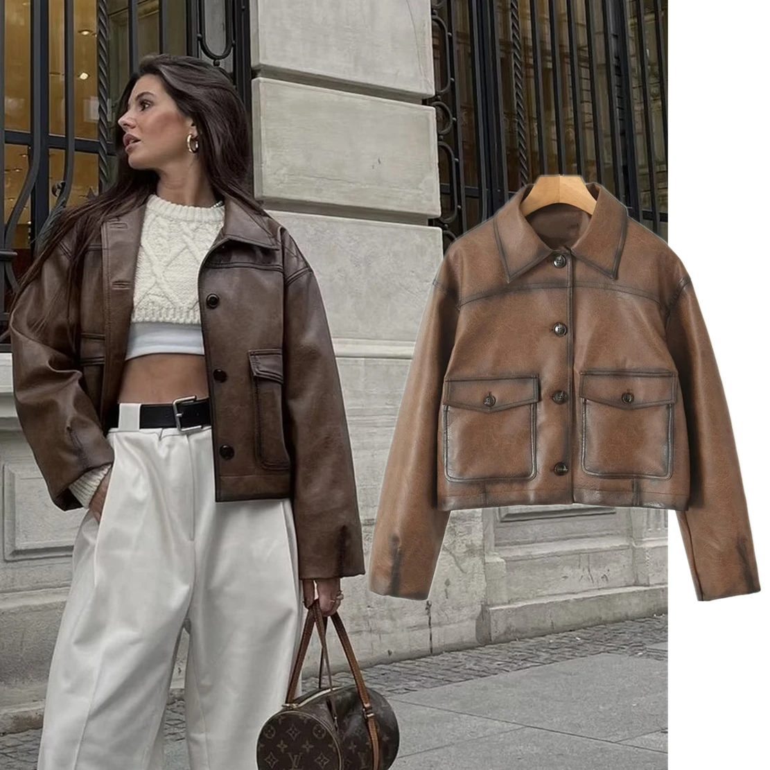 

Dave&Di French Fashion High Street Vintage Washed Jacket with Lapel Leather Pockets Brown Motorcycle Leather Coat Women