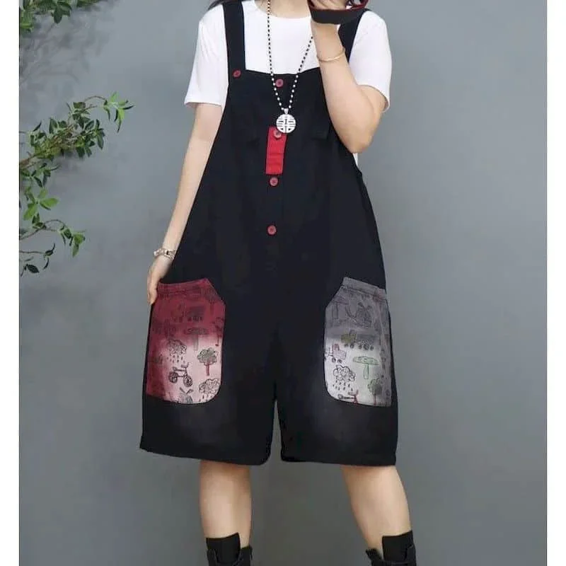 

Denim Jumpsuits Oversized Five-point Pants Printed Pocket Wide Leg Shorts Casual Loose Bodysuit One Piece Outfits Women Clothing