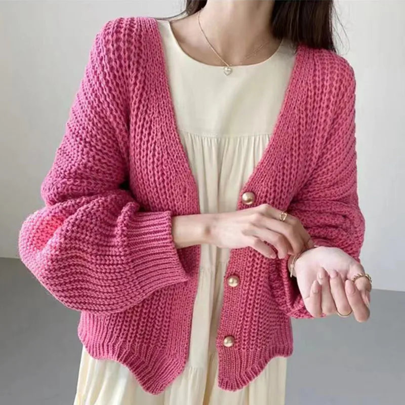 Zoki Lazy Wind Women Sweet Cardigan Korean Loose Long Sleeve Casual Knitted Coats Vintage V Neck Oversize Rose Color Cardigan