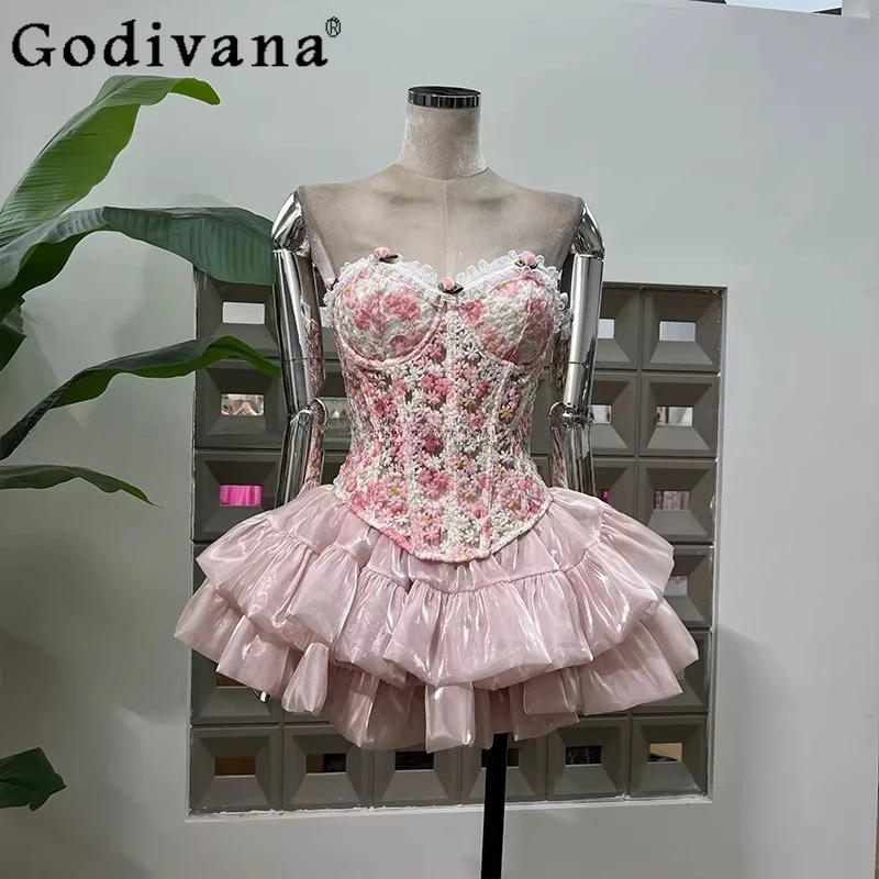 

Романтический вышитый комплект для женщин: топ-корсет без бретелек и блестящая юбка, 2 предмета, женский костюм в японском стиле Лолита