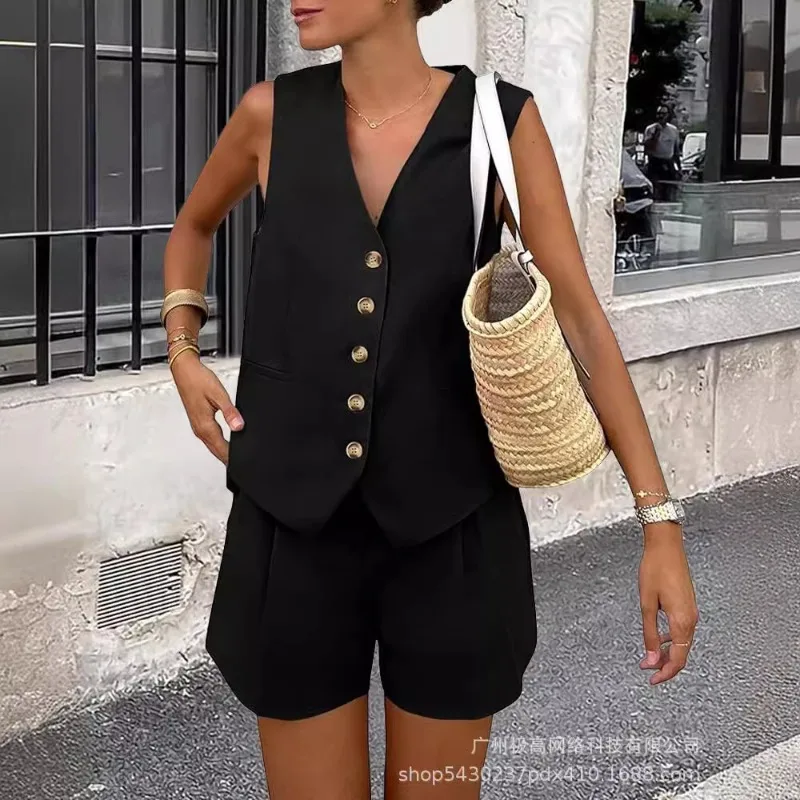 

Stylish Temperament 2024 Spring Summer New Women's Clothing Solid Color Sleeveless V-neck Single-Breasted Vest Jacket Shorts Two