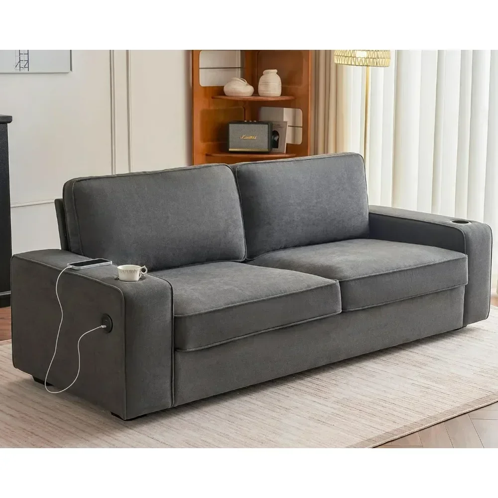 89 inch Couch, 3-Seater Sofa Couch- Deep Seat Sofa with 2 USB Charging Ports & 2 Cup Holders, Modern Sofas for Living Room