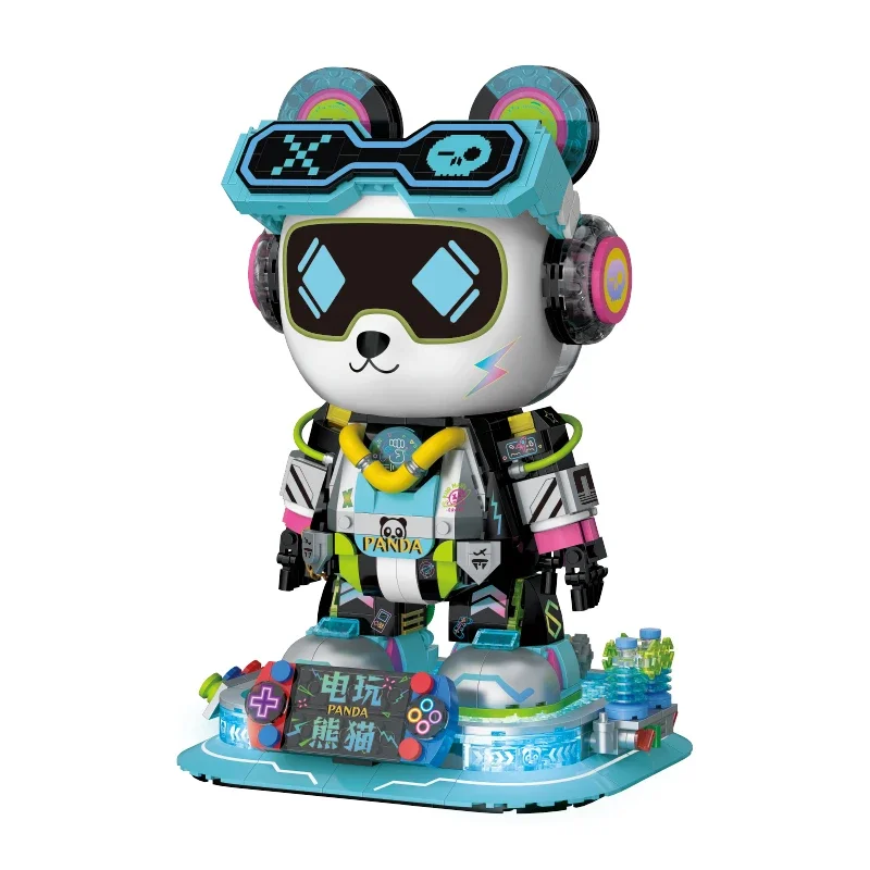 لعبة تجميع مكعبات البناء العصرية، موضوع الباندا الرياضي الإلكتروني على الطراز الصيني، نموذج تمثال مشترك متحرك، هدية للأولاد