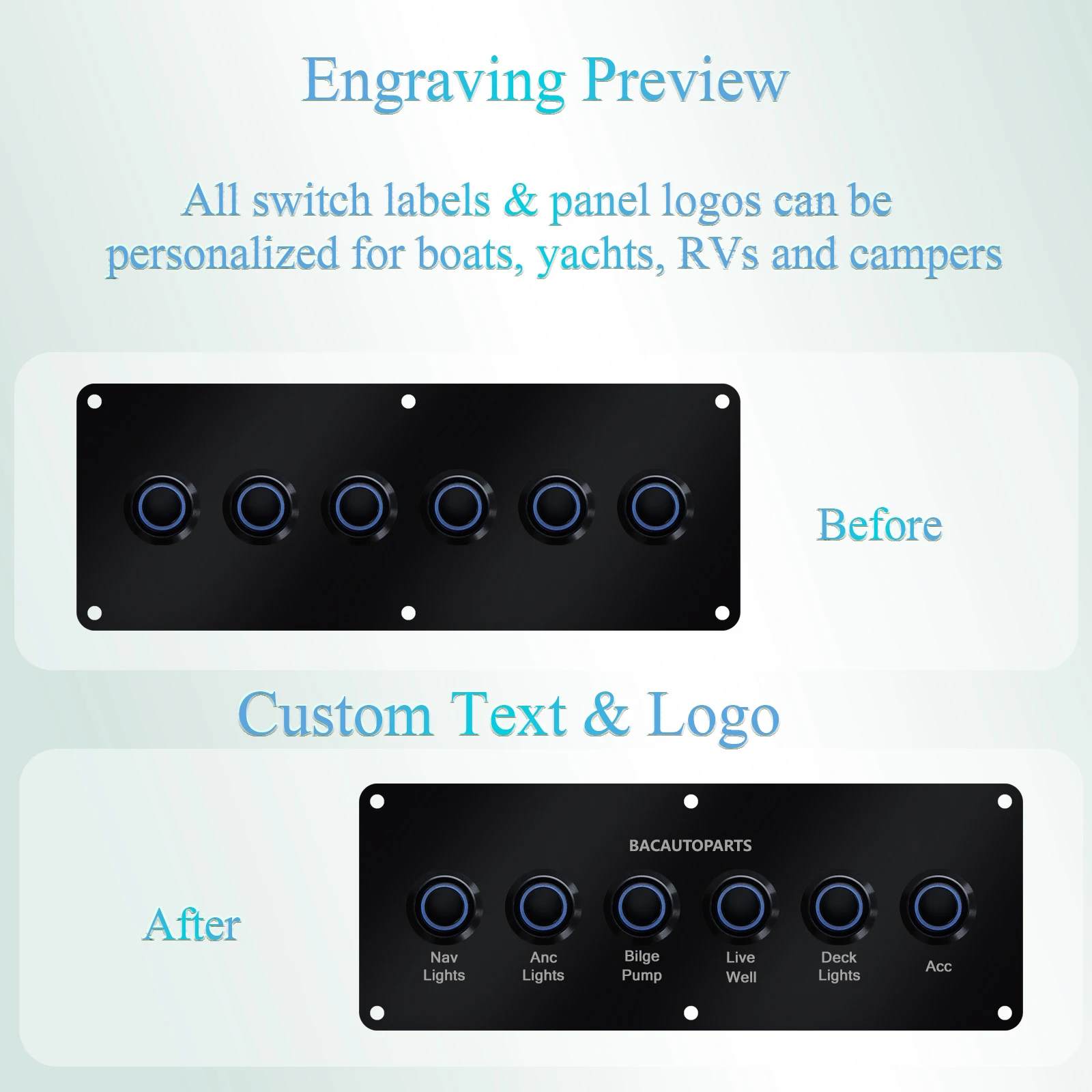 12V24V Custom Text/Logo Laser Engraving Stainless Steel Marine Grade Push Switch Panel LED Rocker Dashboard for Yacht Navigation