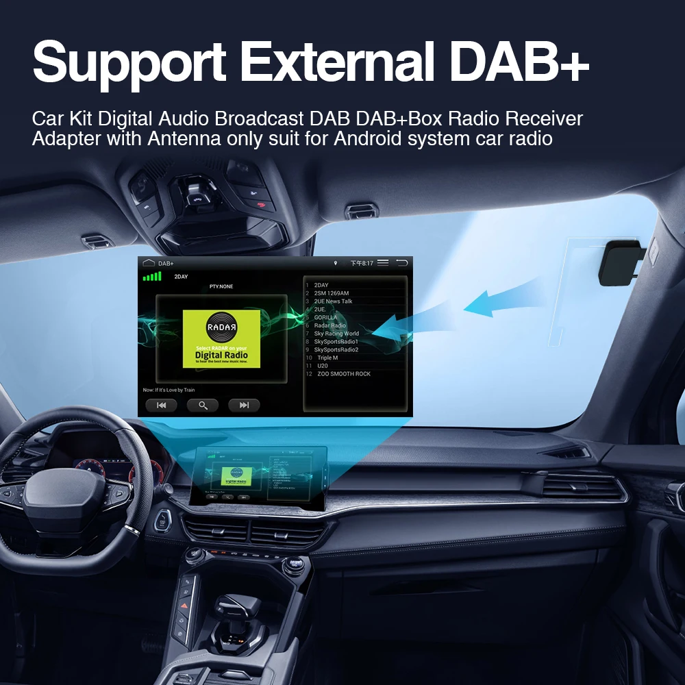 DAB+ Suit for Android System Car Radio With USB Adapter Antenna DAB Receiver Support PTY EPG Scan Channel List Favorite Tags