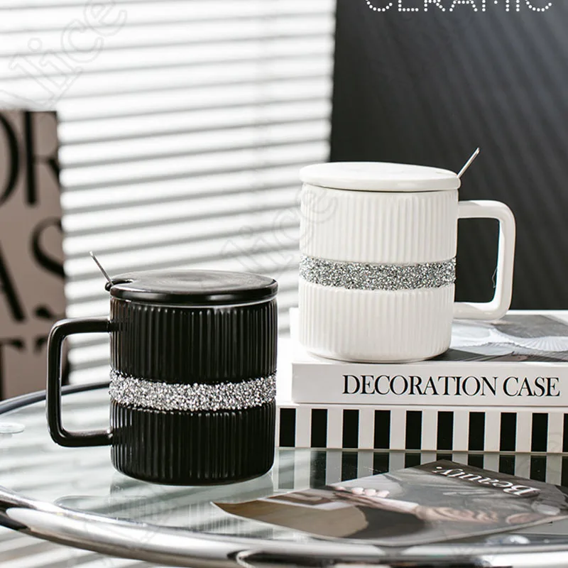 Light Luxury Diamond Coffee Mug with Lid Set Nordic Creative Afternoon Tea Couple Coffee Cup with Dishes Dining Table Decor