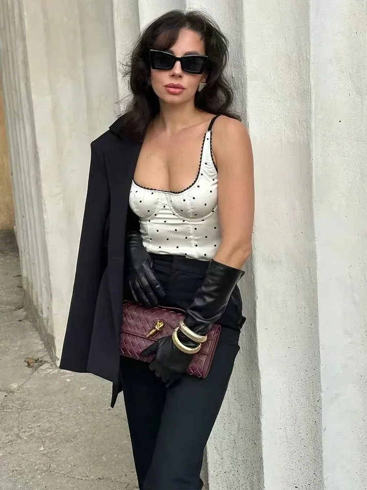 Retro Polka Dot Sling Korte Top Vrouwen Sexy Vierkante Hals Off-shoulder Slanke Cropped Blouse 2026 Dame Lente Dagelijks High Street Top