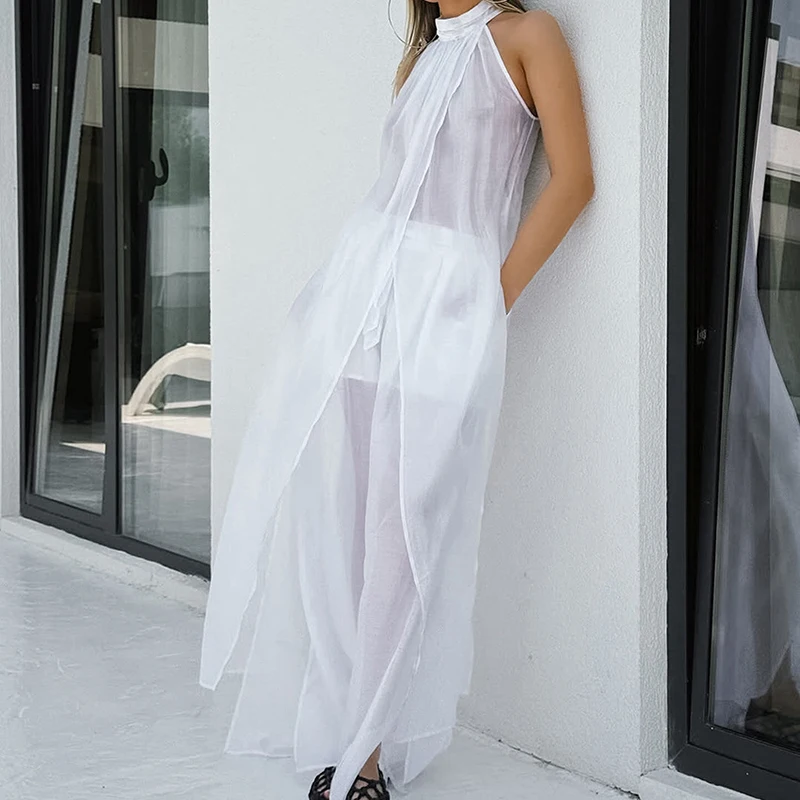 

Fashion Design Style Hollow Out Long Tops And Pants Sets Summer White Commute Women's Outfits Elegant Simple Loose Party 2 Piece