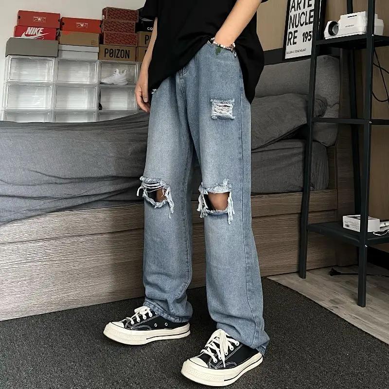 

Модные мужские джинсы-скинни, летние тонкие прямые брюки с широкими штанинами, в стиле High Street, INS, синий деним, высокая талия, хлопок, полиэстер