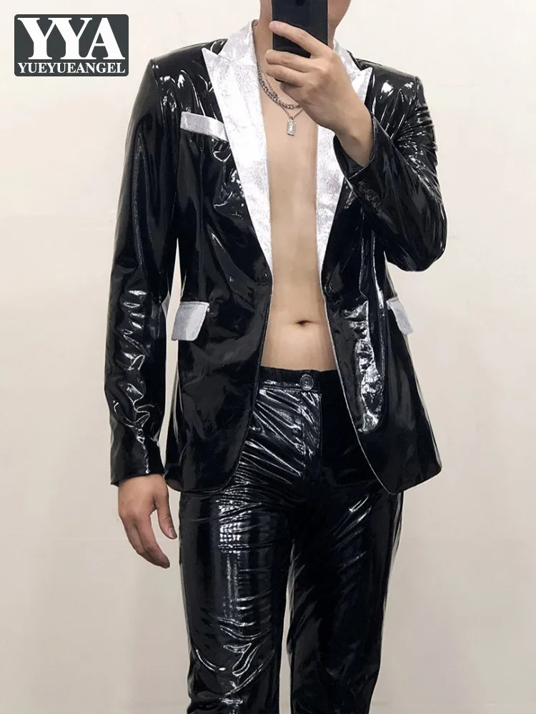 Mens Fashion Party Slim Blazer Jacket Pu Leather Spliced Collar Mixed Color Business Casual Work Suit Coat Single Button Blazer