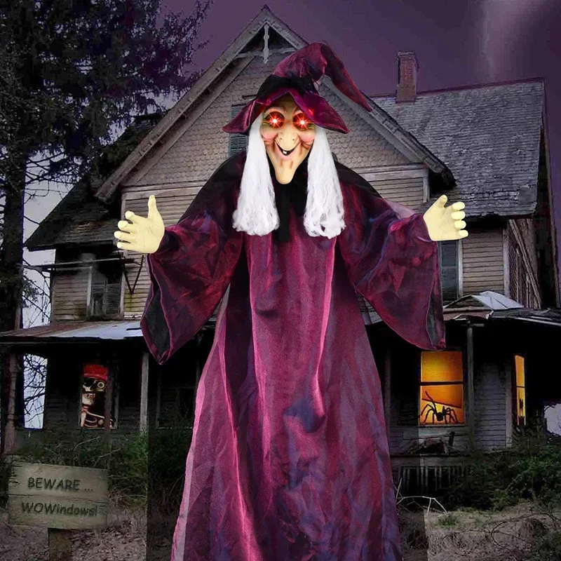 2026 Halloween Spooky Voice Control Lumious Talking Witch Outdoor Purple Animatronic Witch Decor Prop Red Eye Animated Witch view 5
