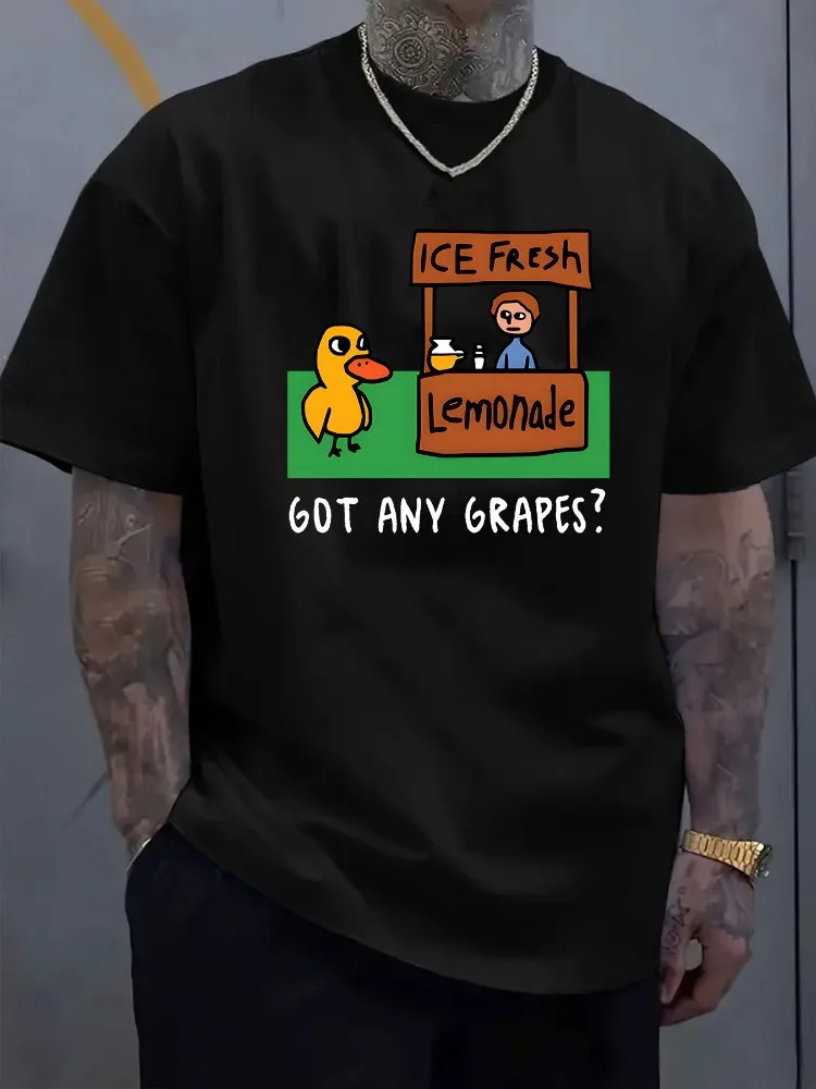 Mens Light Blue Loose Cotton Tee Got Any Grapes Duck Lemonade Stand Cartoon Crew Neck Short Sleeve Casual Street Male Top