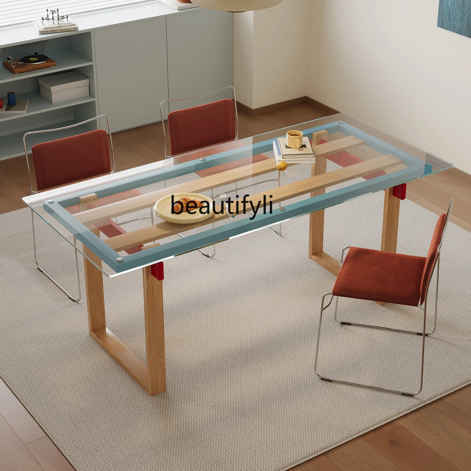 

Solid wood tempered glass dining table for household use, small rectangular transparent desk