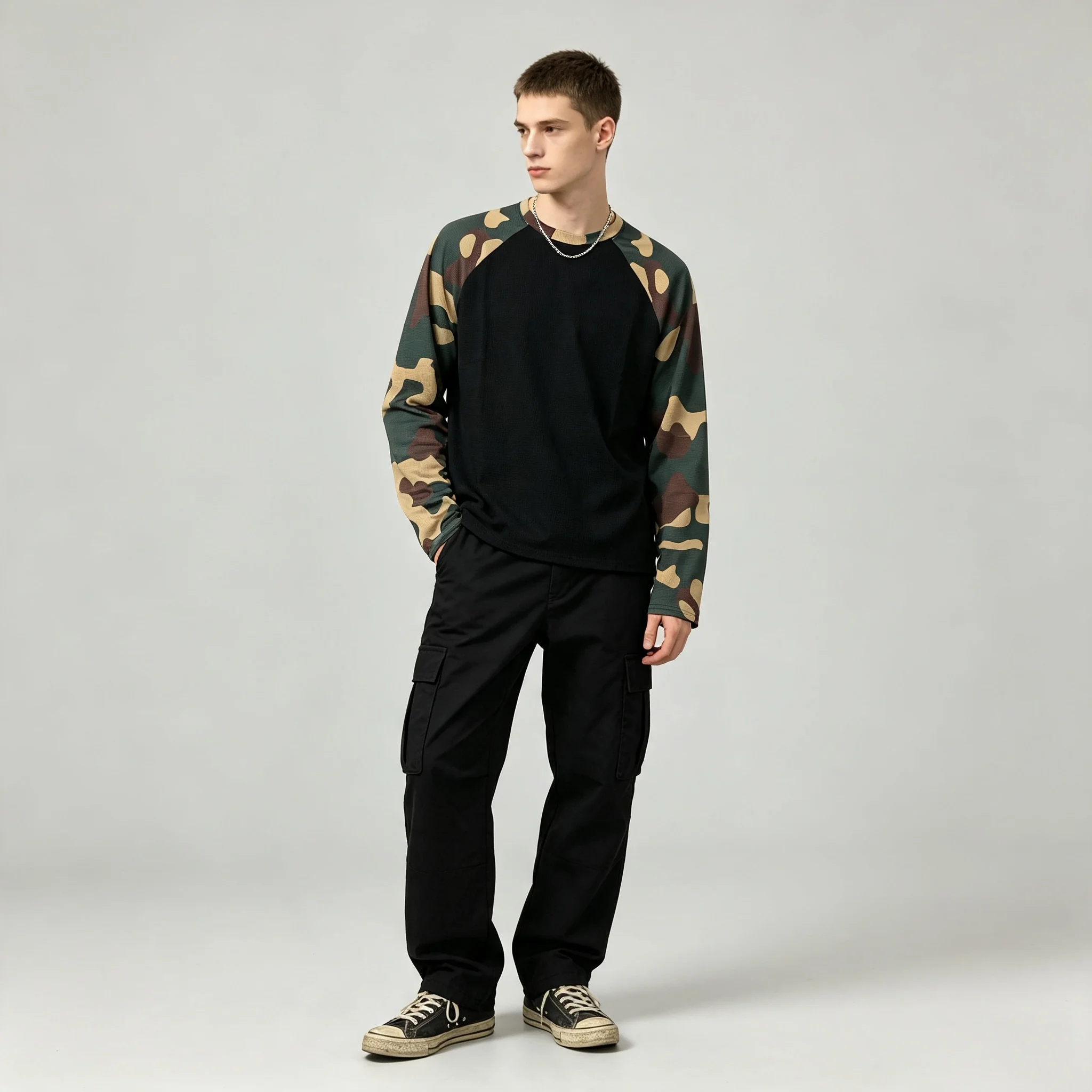 Youth Raglan Long Sleeve Crew Neck Top Loose Fit Camo Spliced Sleeve Streetwear Hip Hop Daily Commute Outdoor Casual Shirt