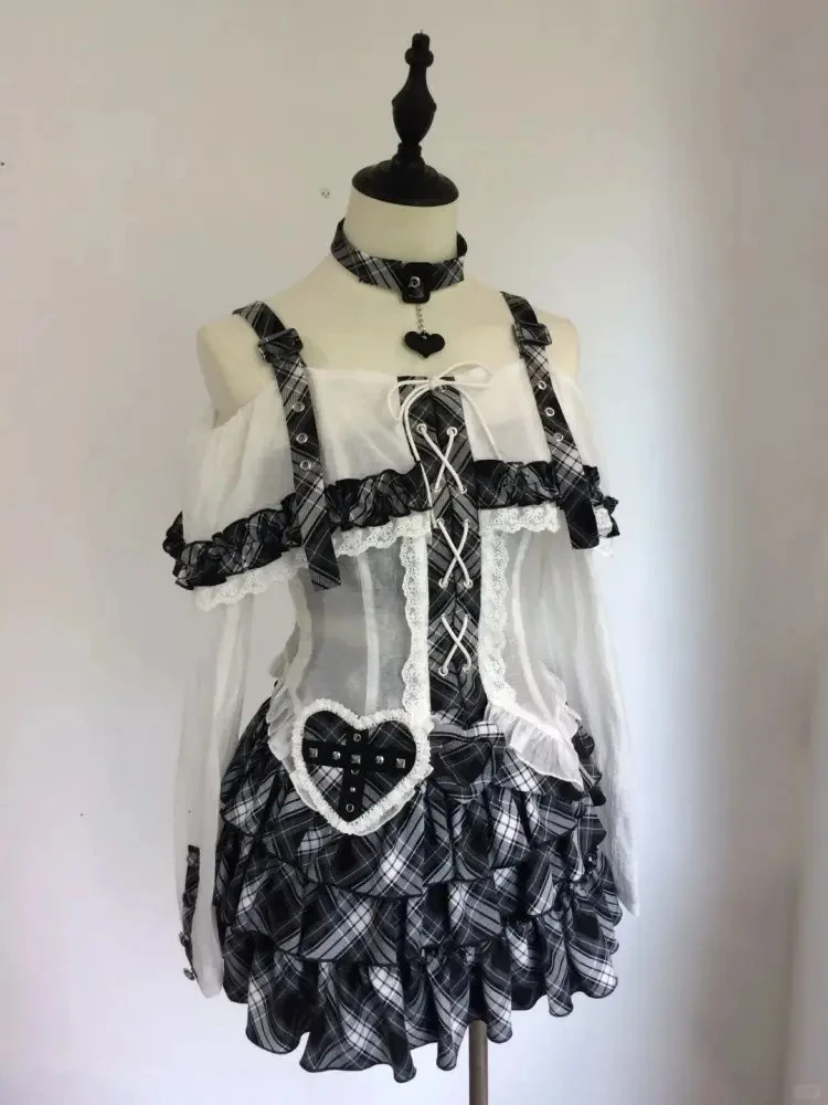 

Японские комплекты из двух предметов, женская одежда, кружевная бандажная блузка с разрезом на шее, клетчатая милая мини-юбка, костюм, модная одежда Y2k