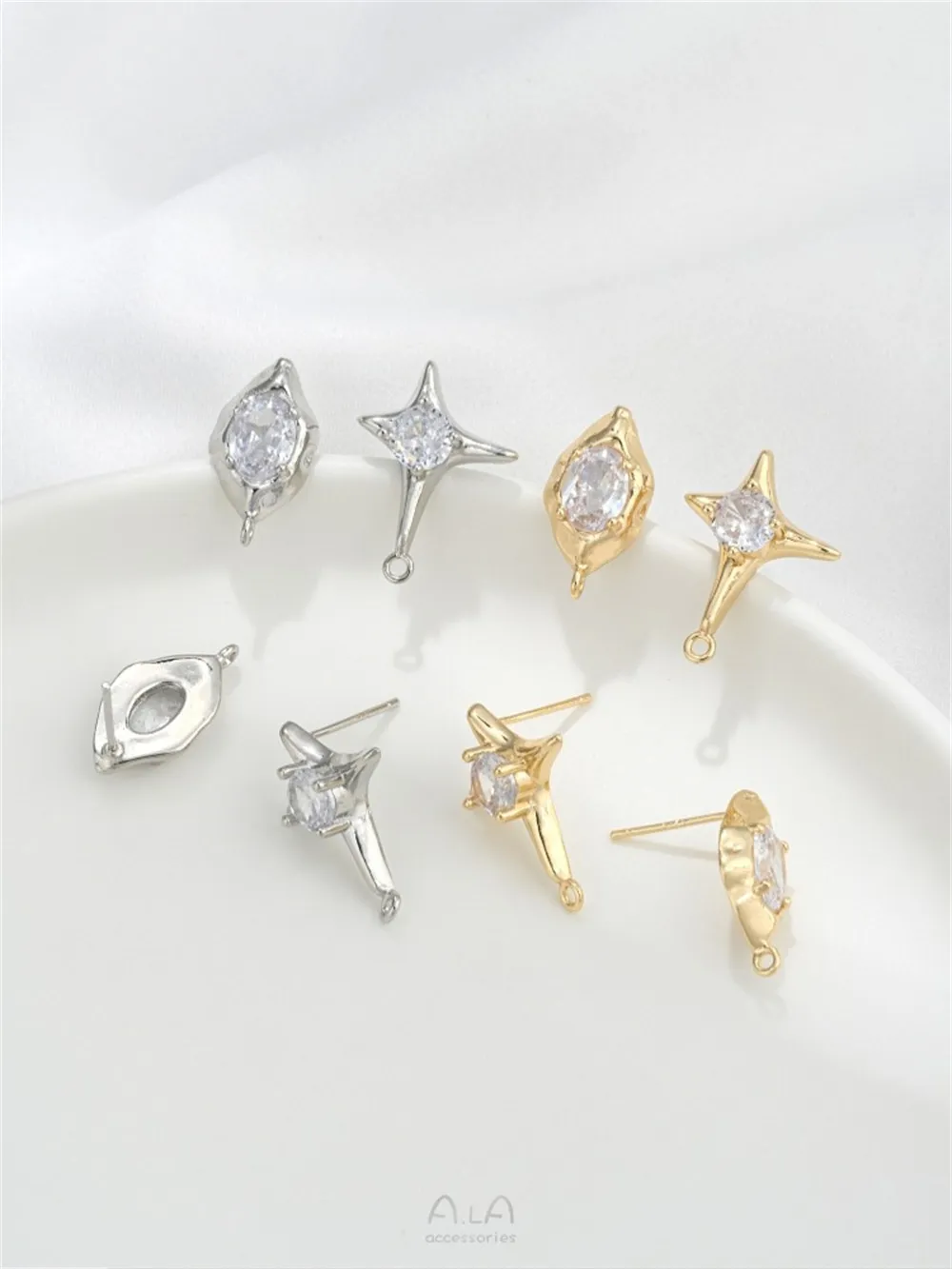 14K Gold Inlaid Sparkling Zircon Star Earrings with Hanging Rings and Accessories 925 Silver Needle DIY Earring Material E376