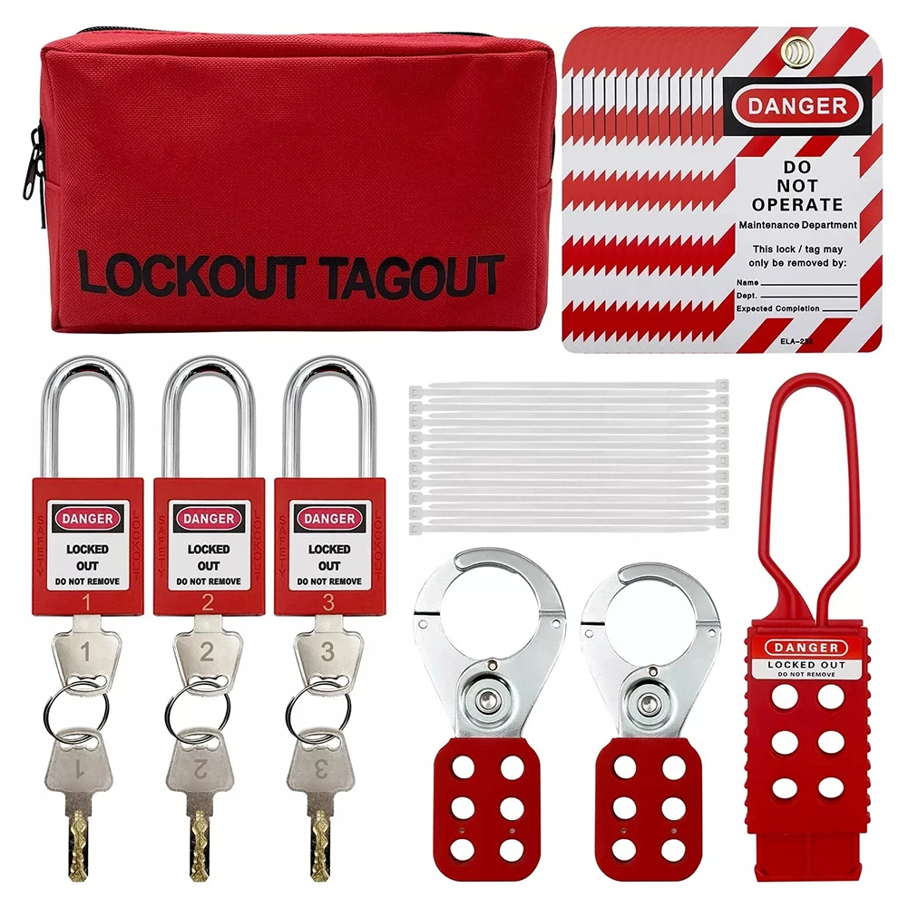 Complete Lockout Tagout Tool Kit with 15 Tags and 3 Safety Padlocks for Effective Industrial Equipment Locking