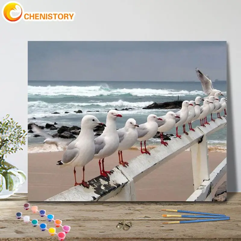 

CHENISTORY Coloring By Number White Pigeon Animal Kits Acrylic Handpainted Picture By Number Sea On Canvas Home Decoration