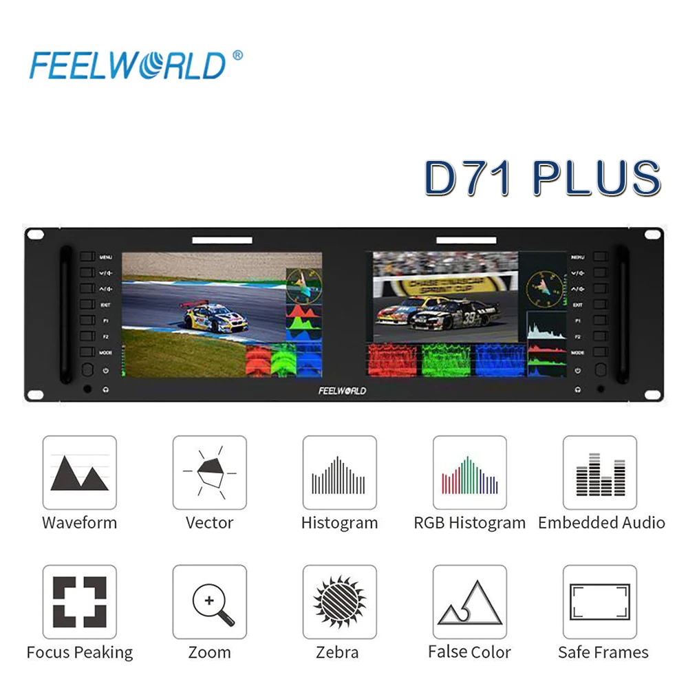 FEELWORLD D71 Plus Dual 7 Inch 1920x1200 3RU Broadcast Rack Mount Monitor with Waveform LUT IPS Video SDI HD Display