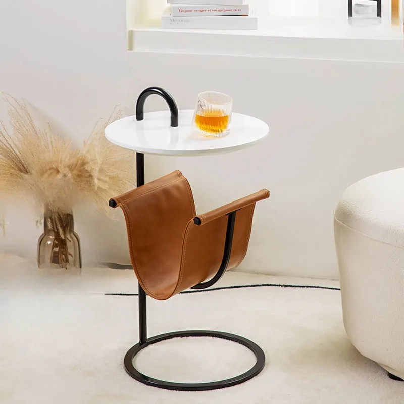 #k for Luxury Multi-Functional Sofa Side Table Metal Frame Leather Storage Pocket Circular Base End Table for Living Room*
