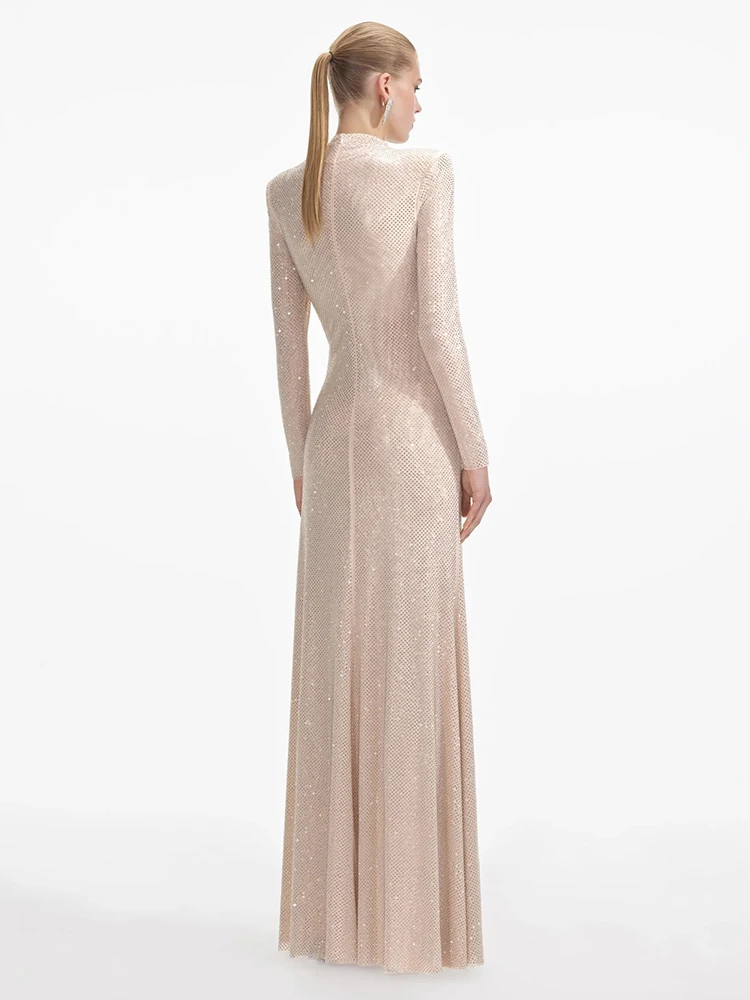 VC Women Champagne Sequin Maxi Dress – Long Sleeve Elegant Evening Gown Slim Fit Gala Dinners Party Gown Wedding Guest Dresses