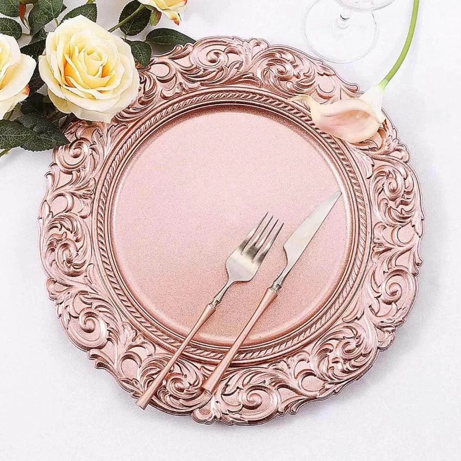 

14" Charger Plates Set of 24 Rose Gold Disposable Chargers With Engraved Baroque Rim Round Acrylic Serving Plate For Wedding Pa