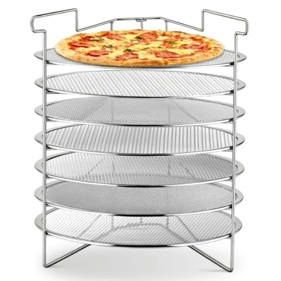 

7-Slot Folding Pizza Pan Rack with 7 14-Inch Pizza Baking Screens for Compact Convenient and Easy Storage, Home Restaurant
