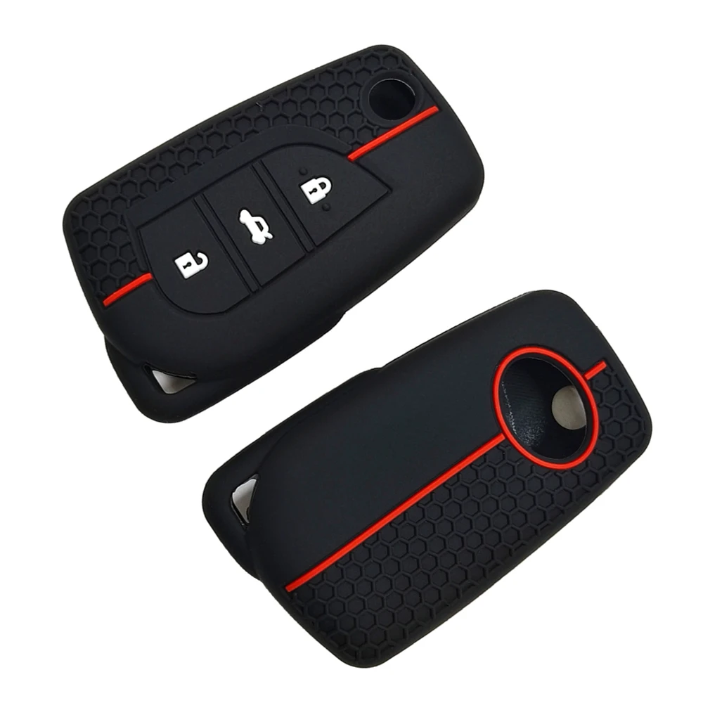 

1Pc Silicone 3-Buttons Car Remote Key Case Cover Shell for Toyota Hilux Corolla Avensis Prado Fortuner RAV4 CHR Black & Red Line