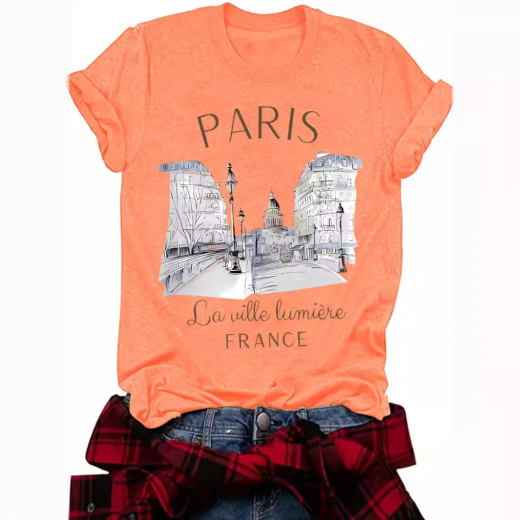 Nueva camiseta de moda casual de manga corta con cuello redondo estampada para mujer