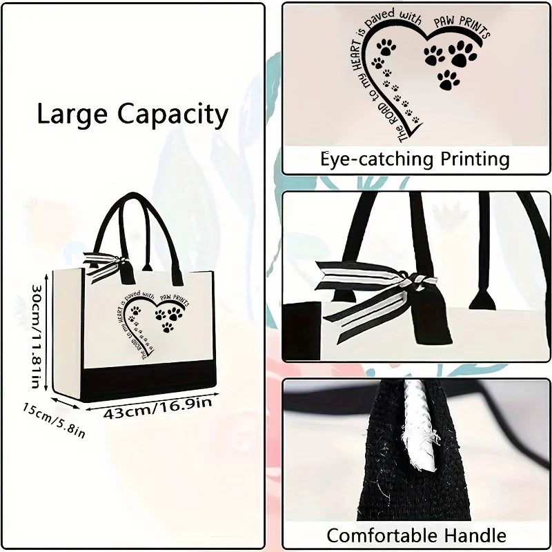 Caring Dog Footprints Portable Handbag, Large Capacity Shopping Bag, Reusable Canvas Bag, Grocery Store Storage Bag, Gift Bag