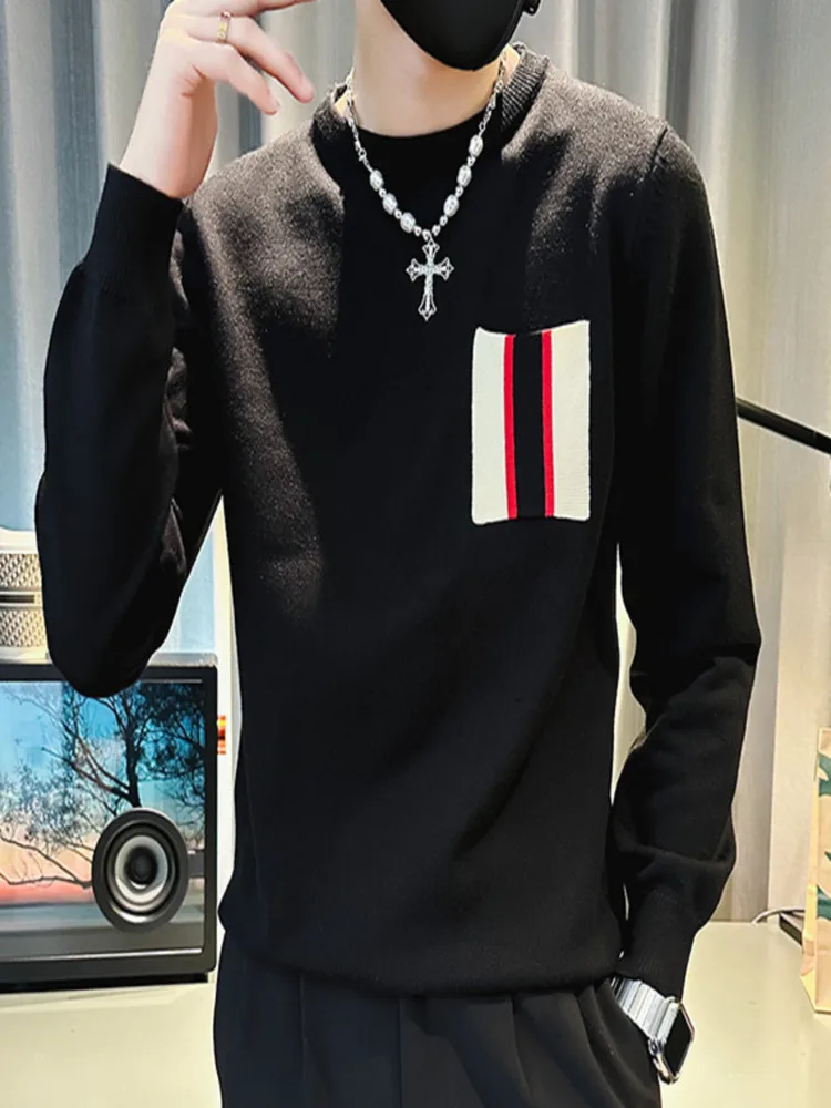 Personality Splicing Striped Knitted Sweater Mens Slim 2024 Fall O-Neck Pullover Herren Ropa De Hombre