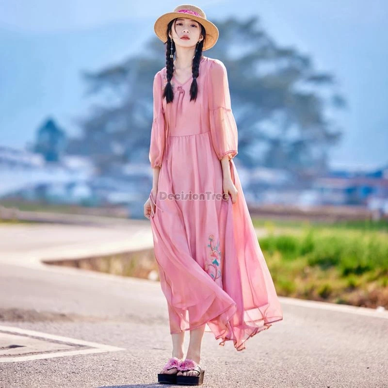 2024 national style literature art robe new chinese style gnetle temperament embroidery dress elegant princess folk dance dress