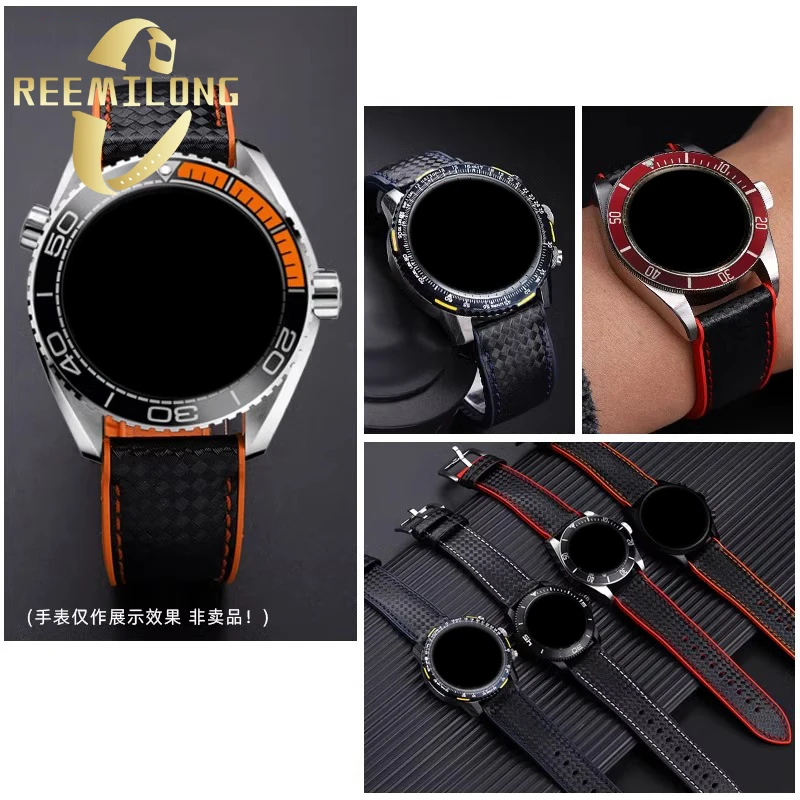 Carbon fiber silicone bottom strap 20 22 24mm Black red line Orange line Blue line White line watchband for Omega Seamaster 300