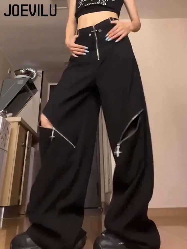 Americano retro high street coringa buraco calças de carga feminina 2025 novo oversized preto y2k calças largas perna calças moletom