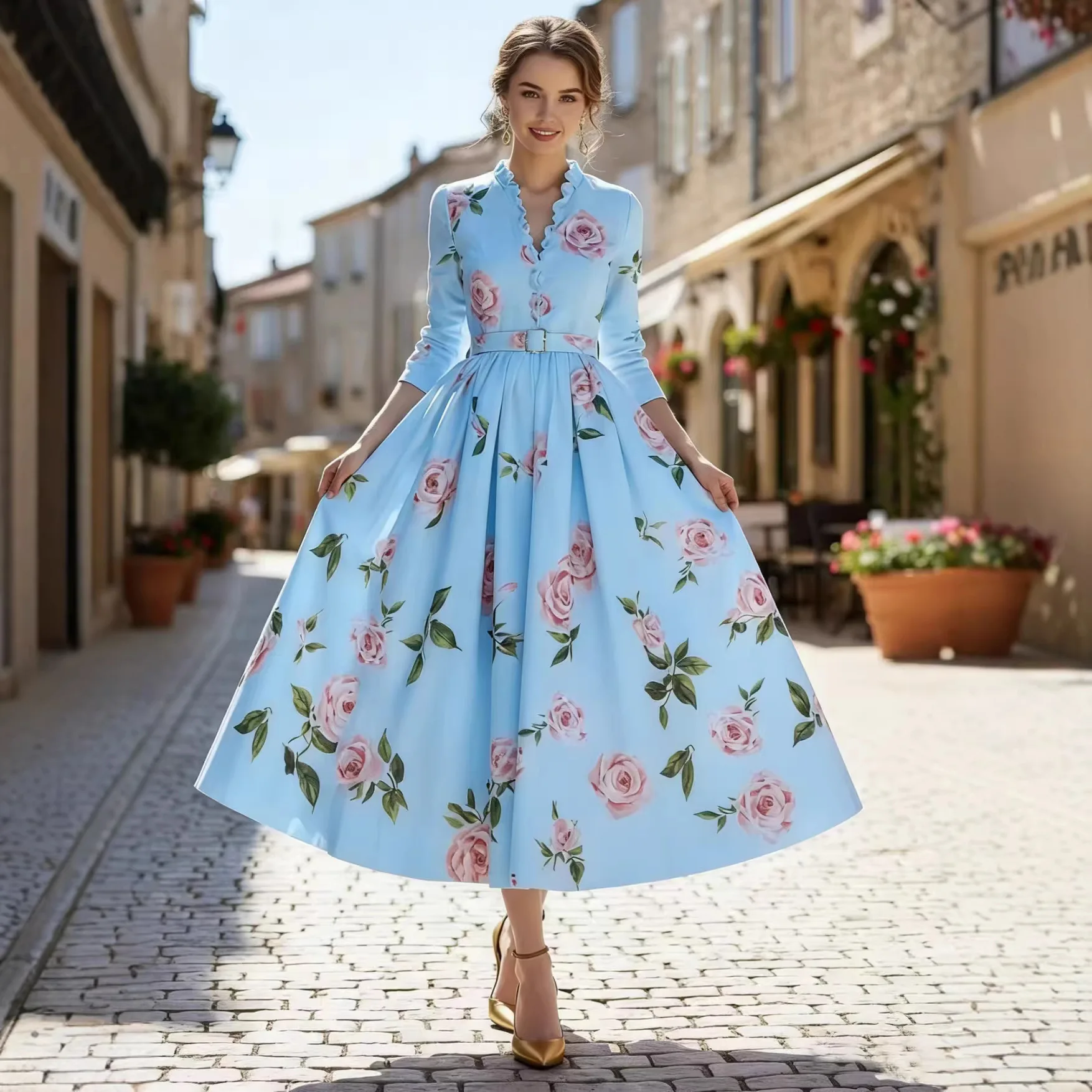 2026 Spring New Printed Pendulum Medium Sleeve Fungus Edge Intellectual Dress cw53027